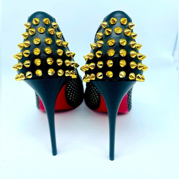 Christian Louboutin Black Leather Mesh Guni Spiked Gold stud 100mm pumps EU 38.5 - Picture 6 of 14
